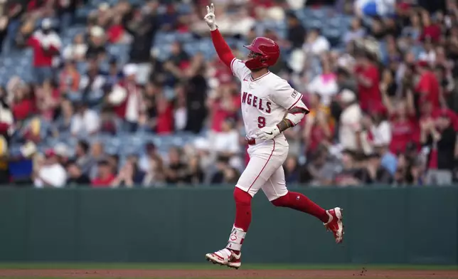 Los Angeles Angels' Zach Neto gestures after hitting a solo home run during the first inning of a baseball game against the Detroit Tigers, Friday, May 2, 2025, in Anaheim, Calif. (AP Photo/Mark J. Terrill)