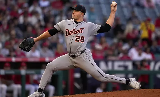 Detroit Tigers starting pitcher Tarik Skubal throws to the plate during the second inning of a baseball game against the Los Angeles Angels, Friday, May 2, 2025, in Anaheim, Calif. (AP Photo/Mark J. Terrill)