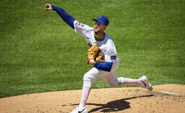 New York Mets pitcher Griffin Canning (46) pitches during the third inning of the baseball game against the Chicago Cubs, Sunday, May 11, 2025, in New York. (AP Photo/Angelina Katsanis)