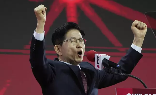 South Korea's former Labor Minister Kim Moon Soo speaks after winning the nomination as the presidential election candidate during the People Power Party's convention in Goyang, South Korea, Saturday, May 3, 2025. (AP Photo/Ahn Young-joon)