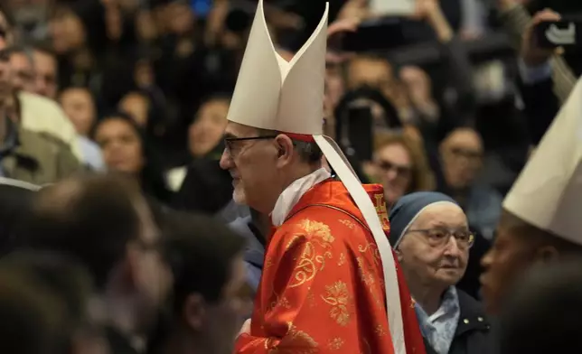 Cardinal Pierbattista Pizzaballa attends a final Mass celebrated by cardinals inside St. Peter's Basilica, before the conclave to elect a new pope, at the Vatican, Wednesday, May 7, 2025. (AP Photo/Gregorio Borgia)