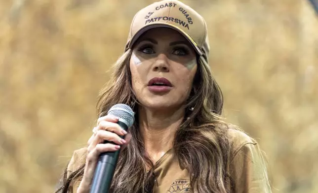 Homeland Security Secretary Kristi Noem speaks to coast guardsmen at Naval Support Activity, Manama, Bahrain, Sunday, May 25, 2025. (AP Photo/Alex Brandon, Pool)
