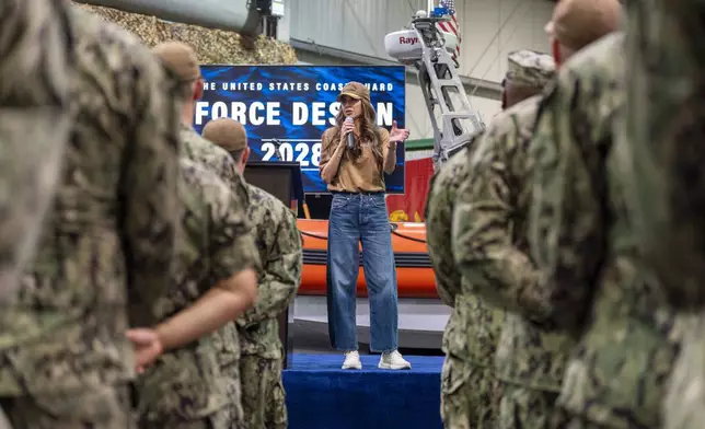 Homeland Security Secretary Kristi Noem speaks to coast guardsmen at Naval Support Activity, Manama, Bahrain, Sunday, May 25, 2025. (AP Photo/Alex Brandon, Pool)