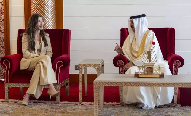 Homeland Security Secretary Kristi Noem meets with Bahrain's King Hamad bin Isa Al Khalifa at the Sakhir Royal Palace, Sunday, May 25, 2025, in Manama, Bahrain. (AP Photo/Alex Brandon, Pool)