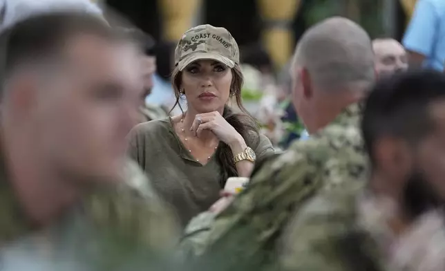U.S. Homeland Security Secretary Kristi Noem speaks with sailors and Coast Guardsmen at Naval Support Activity in Bahrain, Saturday, May 24, 2025. (AP Photo/Alex Brandon, Pool)