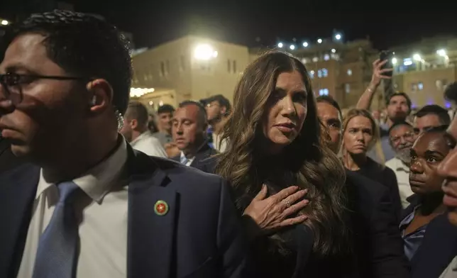 Homeland Security Secretary Kristi Noem after her visit in the Western Wall, the holiest site where Jews can pray, in the Old City of Jerusalem, Sunday, May 25, 2025. (AP Photo/Ohad Zwigenberg)