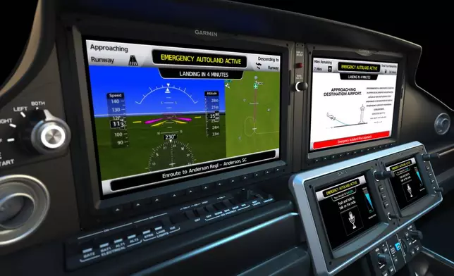 Safe Return™ Emergency Autoland is now activated and clear information is displayed on the Perspective Touch+™ touch screen flight deck. Passengers can press the microphone icon on the flight display to speak directly to air traffic control.