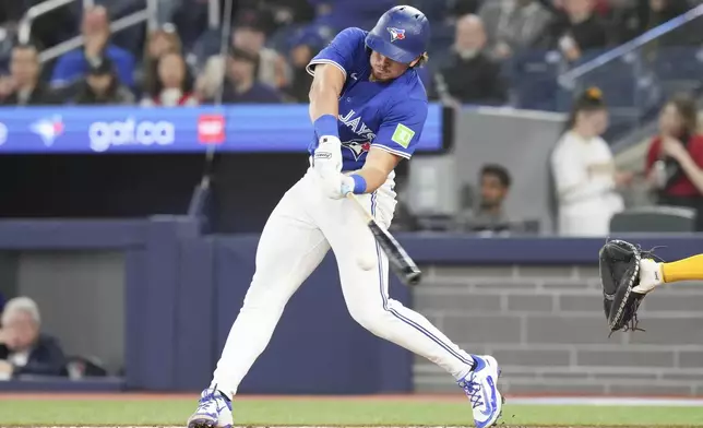 Toronto Blue Jays' Addison Barger (47) hits an RBI single off San Diego Padres pitcher Stephen Kolek during the third inning of a baseball game, Thursday, May 22, 2025, in Toronto (Chris Young/The Canadian Press via AP)