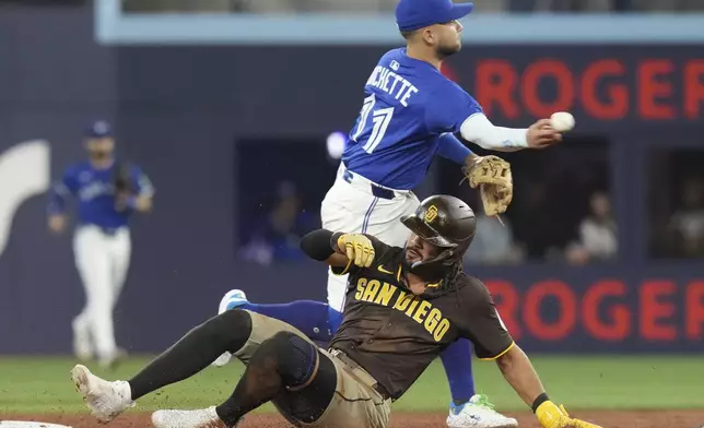 San Diego Padres' Fernando Tatis Jr. (23) is forced out at second base as Toronto Blue Jays shortstop Bo Bichette (11) throws to first base for a double play during the third inning of a baseball game, Thursday, May 22, 2025, in Toronto (Chris Young/The Canadian Press via AP)