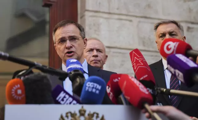 Russian presidential aide, Vladimir Medinsky, gives an statement to journalists at the Russian consulate in Istanbul, Turkey, Thursday, May 15, 2025. (AP Photo/Francisco Seco)