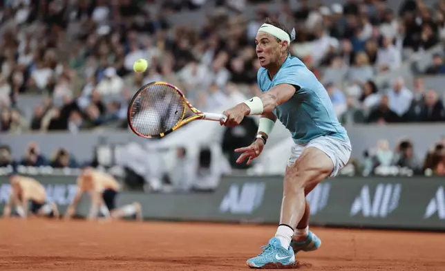 FILE - Spain's Rafael Nadal plays a shot against Germany's Alexander Zverev during their first round match of the French Open tennis tournament at the Roland Garros stadium in Paris, May 27, 2024. (AP Photo/Jean-Francois Badias, File)