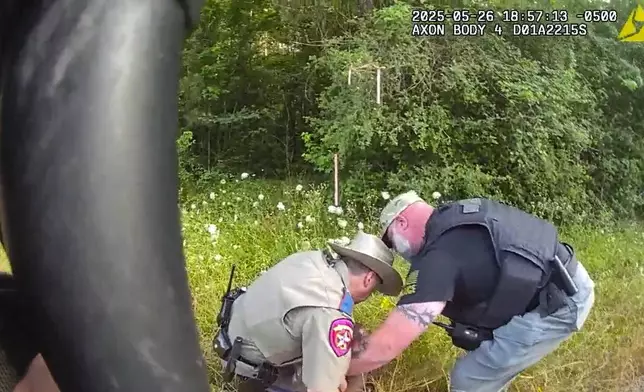 This image from video taken by Huntsville Police Department shows the May 26, 2025, arrest of two New Orleans inmates who were on the run since their May 16, 2025, jailbreak. (Huntsville Police Department via AP)