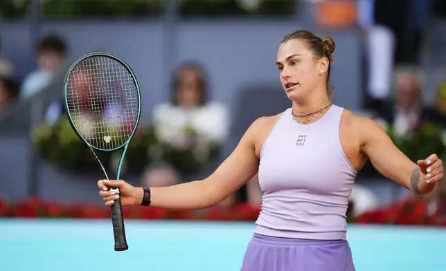Aryna Sabalenka of Belarus reacts during the Madrid Open tennis final against United States' Coco Gauff in Madrid, Spain, Saturday, May 3, 2025. (AP Photo/Jose Breton)