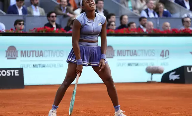 United States' Coco Gauff reacts during the Madrid Open tennis final against Aryna Sabalenka of Belarus in Madrid, Spain, Saturday, May 3, 2025. (AP Photo/Jose Breton)