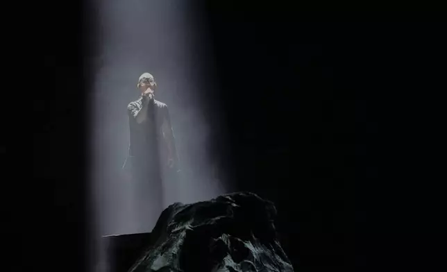 Klavdia from Greece performs the song "Asteromata" during the dress rehearsal for the Grand Final of the 69th Eurovision Song Contest, in Basel, Switzerland, Friday, May 16 2025. (AP Photo/Martin Meissner)