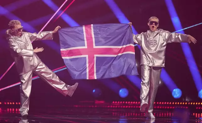 VAEB from Iceland who will perform the song "ROA" on stage during the dress rehearsal for the Grand Final of the 69th Eurovision Song Contest, in Basel, Switzerland, Friday, May 16 2025. (AP Photo/Martin Meissner)
