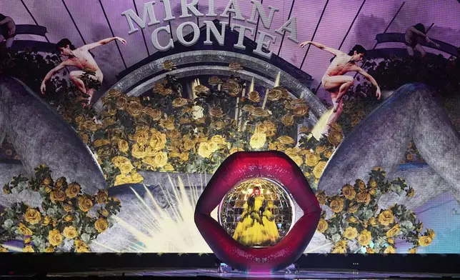 Miriana Conte from Malta performs the song "SERVING" during the dress rehearsal for the Grand Final of the 69th Eurovision Song Contest, in Basel, Switzerland, Friday, May 16 2025. (AP Photo/Martin Meissner)