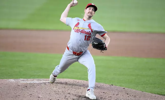 St. Louis Cardinals starting pitcher Erick Fedde throws during the second inning of a baseball game against the Washington Nationals, Friday, May 9, 2025, in Washington. (AP Photo/Nick Wass)