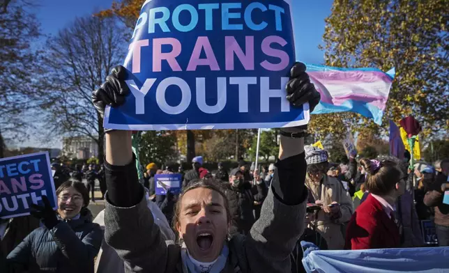 File - Supporters of transgender rights rally by the Supreme Court, Dec. 4, 2024, in Washington. (AP Photo/Jacquelyn Martin, File)