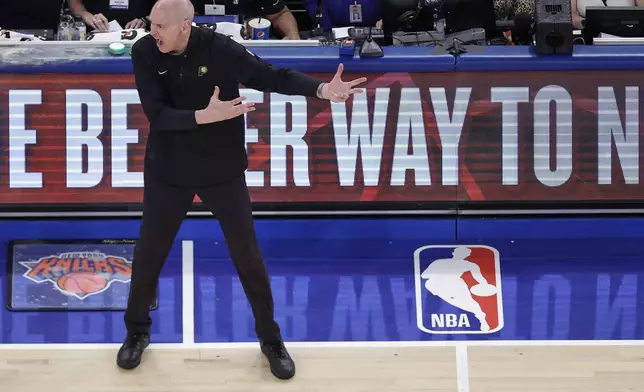 Indiana Pacers head coach Rick Carlisle reacts during the third quarter of Game 5 of the NBA basketball Eastern Conference final against the New York Knicks, Thursday, May 29, 2025, in New York. (AP Photo/Adam Hunger)