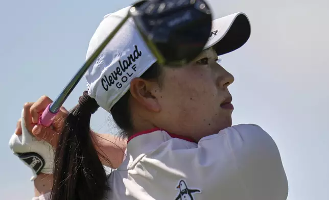 Rio Takeda, of Japan, hits from the third tee during the first round of the U.S. Women's Open golf tournament at Erin Hills Thursday, May 29, 2025, in Erin, Wis. (AP Photo/Jeff Roberson)