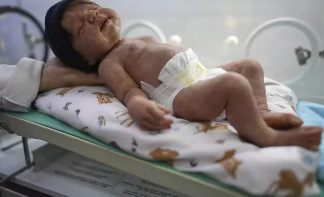 A hyper-realistic reborn baby doll lies in an incubator for sale at a store in Campinas, Brazil Saturday, May 24, 2025. (AP Photo/Andre Penner)