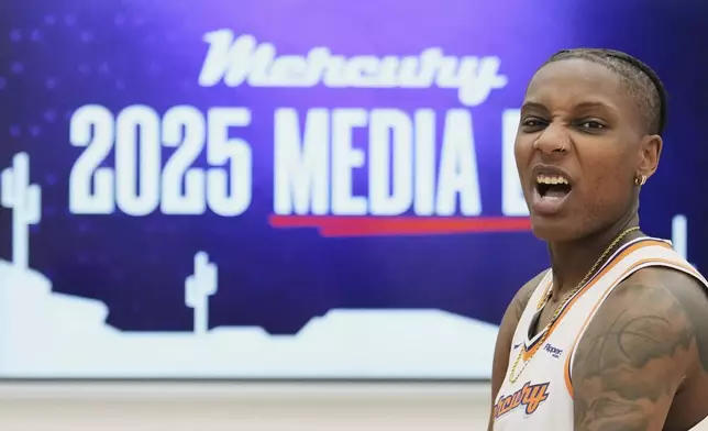 Phoenix Mercury forward Natasha Mack poses for a photograph during Mercury Media Day at the team's WNBA basketball training facility Wednesday, April 30, 2025, in Phoenix. (AP Photo/Ross D. Franklin)