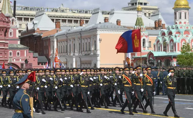 Mongolia's servicemen attend the Victory Day military parade in Moscow, Russia, Friday, May 9, 2025, during celebrations of the 80th anniversary of the Soviet Union's victory over Nazi Germany during the World War II. (Ilya Pitalev/Photo host agency RIA Novosti via AP)
