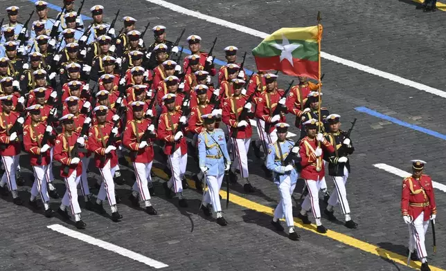Myanmar's servicemen attend the Victory Day military parade in Moscow, Russia, Friday, May 9, 2025, during celebrations of the 80th anniversary of the Soviet Union's victory over Nazi Germany during the World War II. (Maxim Bogodvid/Photo host agency RIA Novosti via AP)