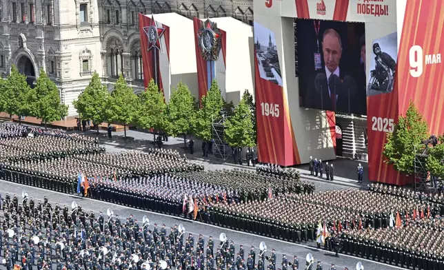 Russian servicemen take part in the Victory Day military parade in Moscow, Russia, Friday, May 9, 2025, marking the 80th anniversary of the Soviet Union's victory over Nazi Germany during the World War II. (Maxim Bogovid/Photo host agency RIA Novosti via AP)
