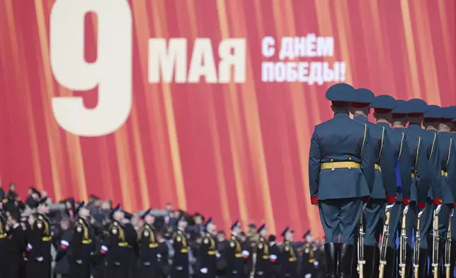 Russian servicemen attend the Victory Day military parade in Moscow, Russia, Friday, May 9, 2025, during celebrations of the 80th anniversary of the Soviet Union's victory over Nazi Germany during the World War II. (Ramil Sitdikov/Photo host agency RIA Novosti via AP)