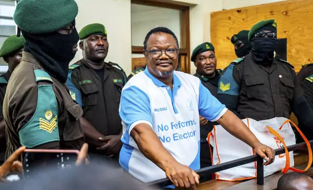 CAPTION CORRECTS THE SPELLING - Tanzania's main opposition leader Tundu Lissu, appears at Kisutu magistrate's court in Dar es Salaam, Tanzania Monday, May 19, 2025. (AP Photo/Derick Katunzi)