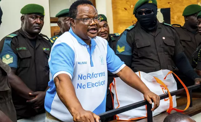 CAPTION CORRECTS THE SPELLING - Tanzania's main opposition leader Tundu Lissu, appears at Kisutu magistrate's court in Dar es Salaam, Tanzania Monday, May 19, 2025. (AP Photo/Derick Katunzi)