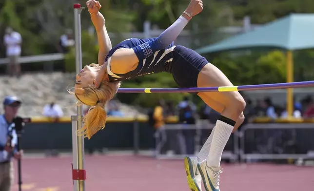 AB Hernandez of Jurupa Valley competes in the girls high jump during the CIF Southern Section Masters Meet at Moorpark High School, May 24, 2025, in Moorpark, Calif. (Kirby Lee via AP)