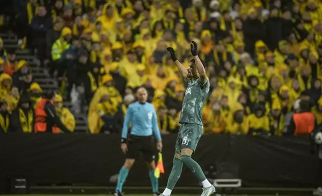 Tottenham's Dominic Solanke celebrates after scoring during the Europa League semifinal soccer match between Bodø/Glimt and Tottenham Hotsour at Aspmyra Stadium, Bodo, Norway, Thursday May 8, 2025. (Stian Lysberg Solum/NTB via AP)