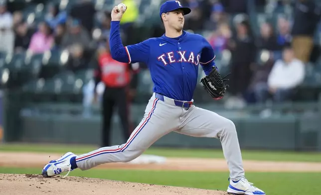 Texas Rangers starting pitcher Tyler Mahle throws against the Chicago White Sox during the first inning of a baseball game Friday, May 23, 2025, in Chicago. (AP Photo/Erin Hooley)