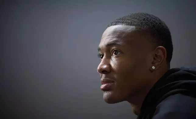 Philadelphia Eagles DeVonta Smith poses for a photo ahead of an interview with the Associated Press in Barcelona, Spain, Monday, May 12, 2025. (AP Photo/Emilio Morenatti)