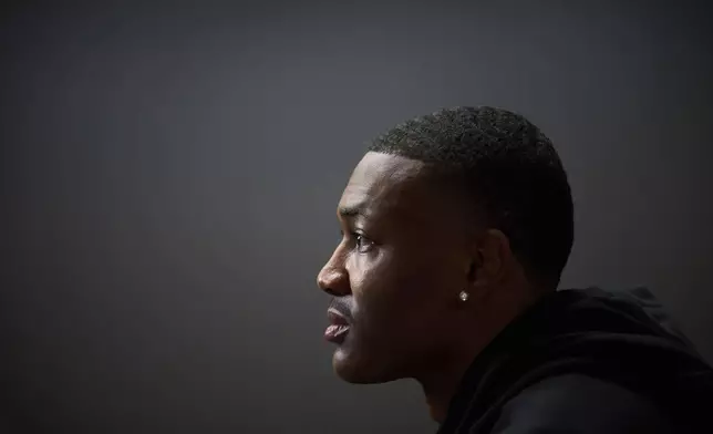 Philadelphia Eagles DeVonta Smith poses for a photo ahead of an interview with the Associated Press in Barcelona, Spain, Monday, May 12, 2025. (AP Photo/Emilio Morenatti)