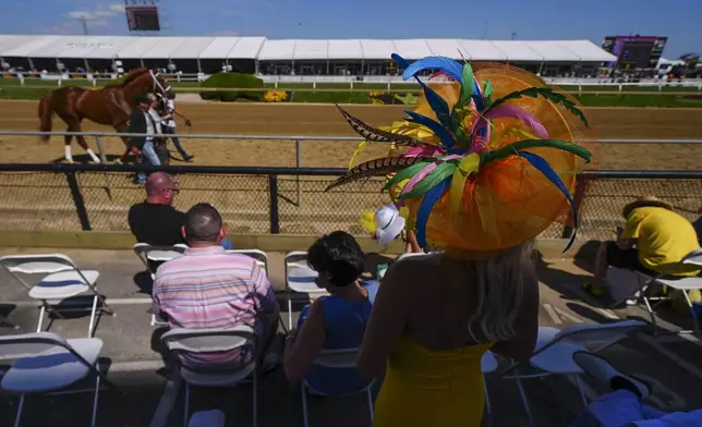 Brandy Lee, of Delray Beach, Fla., wears a decorative hat as a horse parades ahead of the 150th running of the Preakness Stakes horse race Saturday, May 17, 2025, at Pimlico Race Course in Baltimore. (AP Photo/Julio Cortez)