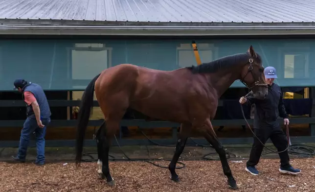 Journalism is washed down at Pimlico Race Course ahead of the 150th running of the Preakness Stakes, Saturday, May 17, 2025, in Baltimore. (AP Photo/Julia Demaree Nikhinson)
