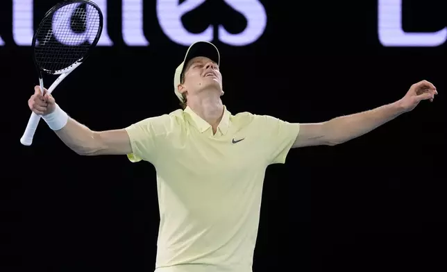 FILE - Jannik Sinner of Italy celebrates after defeating Alexander Zverev of Germany in the men's singles final at the Australian Open tennis championship in Melbourne, Australia, Jan. 26, 2025. (AP Photo/Asanka Brendon Ratnayake, File)