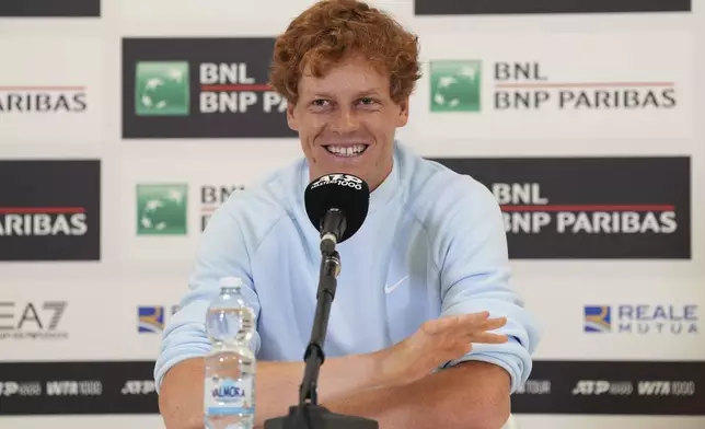 Italy's Jannik Sinner speaks during a press conference ahead of the Italian Open, in Rome, Monday May 5, 2025. (Alfredo Falcone/LaPresse via AP)