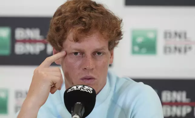 Italy's Jannik Sinner speaks during a press conference ahead of the Italian Open, in Rome, Monday May 5, 2025. (Alfredo Falcone/LaPresse via AP)