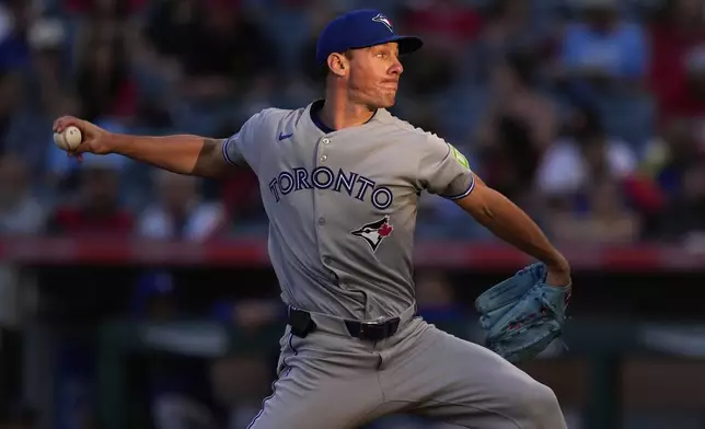 Toronto Blue Jays starting pitcher Chris Bassitt throws to the plate during the first inning of a baseball game against the Los Angeles Angels, Thursday, May 8, 2025, in Anaheim, Calif. (AP Photo/Mark J. Terrill)