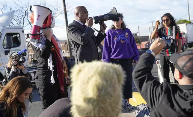 Newark Mayor Ras Baraka speaks to protesters outside of Delaney Hall, a recently re-opened immigration detention center, in Newark, N.J., Wednesday, May 7, 2025. (AP Photo/Seth Wenig)