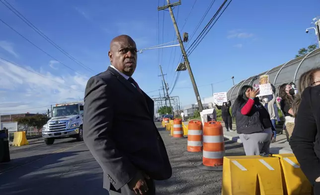 Newark Mayor Ras Baraka speaks to protesters outside of Delaney Hall, a recently re-opened immigration detention center, in Newark, N.J., Wednesday, May 7, 2025. (AP Photo/Seth Wenig)