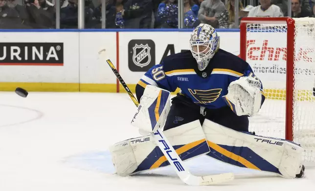 St. Louis Blues goaltender Jordan Binnington defends the net against the Winnipeg Jets during the third period in Game 6 of an NHL hockey first-round playoff series Friday, May 2, 2025, in St. Louis. (AP Photo/Jeff Le)