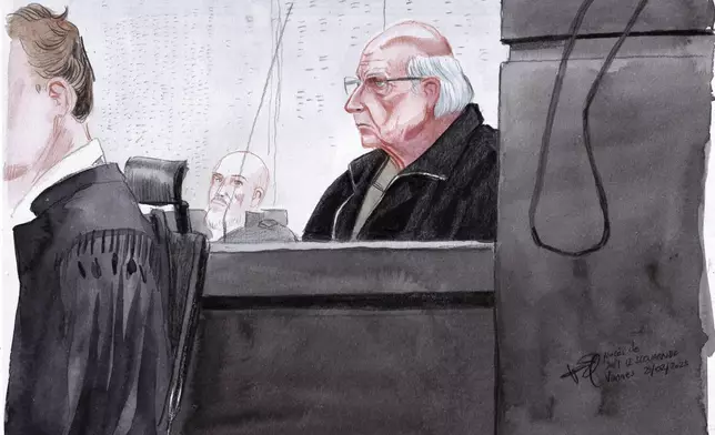 FILE - This courtroom sketch by Valentin Pasquier shows Joel Le Scouarnec, now 74, sitting in courtroom and accused of raping or abusing 299 people, mostly child patients, at the Vannes courthouse, western France, on the opening day of his trial, Monday, Feb. 24, 2025. (Valentin Pasquier via AP, File)
