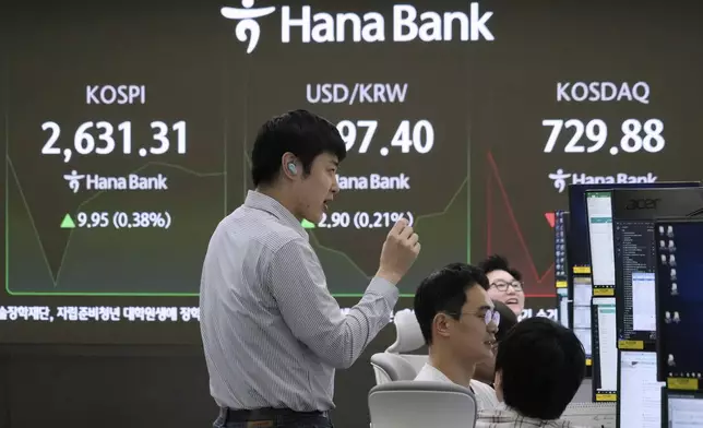 Currency traders work near a screen showing the Korea Composite Stock Price Index (KOSPI), top left, and the foreign exchange rate between U.S. dollar and South Korean won, top center, at the foreign exchange dealing room of the KEB Hana Bank headquarters in Seoul, South Korea, Friday, May 16, 2025. (AP Photo/Ahn Young-joon)