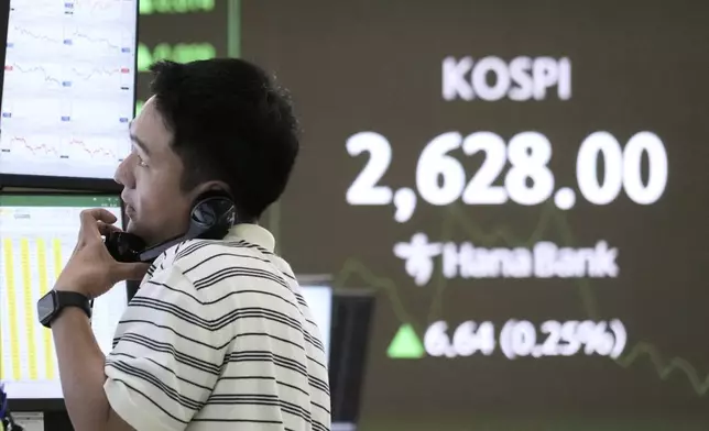 A currency trader talks on the phone near a screen showing the Korea Composite Stock Price Index (KOSPI) at the foreign exchange dealing room of the KEB Hana Bank headquarters in Seoul, South Korea, Friday, May 16, 2025. (AP Photo/Ahn Young-joon)